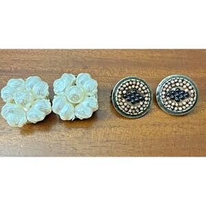 Lot of 2 Vintage Clip-On Earrings • Pearlized Flower & Beaded Round Tribal Style